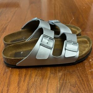 Silver Birkenstock Arizona sandals size 42 narrow